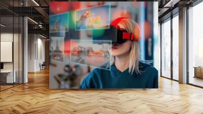 girl sits in the kitchen in a virtual reality glasses and watching at travel photos Wall mural