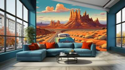 Illustration of vintage american car in Wild West of USA road with mountains on background Wall mural