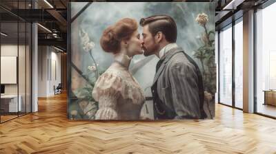 kissing couple dressed as characters from Victorian love story book cover in garden in spring time, created with Generative AI Technology Wall mural