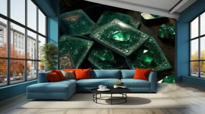 set of tarot cards with a stunning emerald hue is elegantly arranged on a table, created with Generative AI Technology Wall mural