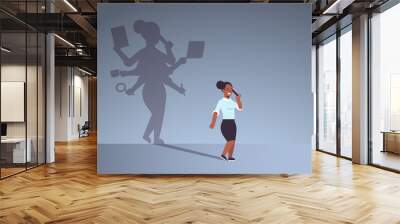 african american businesswoman talking on phone shadow of busy business woman with many hands multitasking overworked concept female cartoon character standing pose full length flat horizontal Wall mural