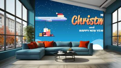 airplane with red santa hat flying with colorful gift present boxes merry christmas happy new year winter holidays celebration concept greeting card horizontal copy space vector illustration Wall mural