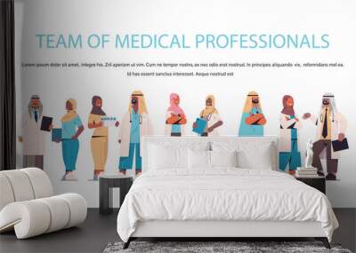 arabic team of medical professionals arab doctors in uniform standing together medicine healthcare concept horizontal full length copy space vector illustration Wall mural