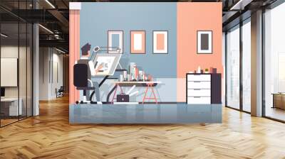 architect drawing blueprint urban building plan on adjustable board panning project concept engineer sitting workplace office draftsman studio interior horizontal full length Wall mural