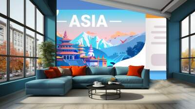 Asian temple landscape with mountains birds and trees in vibrant colors travel ticket design Wall mural