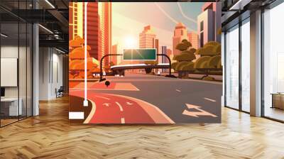 asphalt road with bike cycling lane path information banner traffic signs city skyline modern skyscrapers cityscape sunset background flat vertical Wall mural