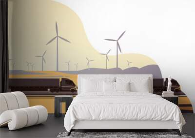 Black semi truck trailers driving road countryside wind turbines landscape banner copy space vector illustration Wall mural