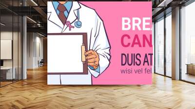 breast cancer day male doctor holding empty clip board disease awareness prevention poster pink background man cartoon character horizontal copy space flat Wall mural