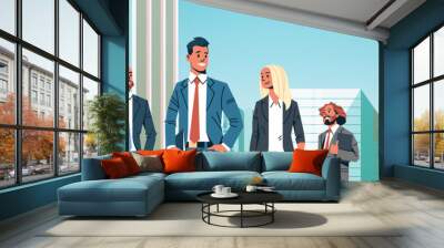 business people group diverse team successful men women over cityscape background male female cartoon character portrait flat horizontal banner vector illustration Wall mural