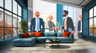 business people group hand shake agreement communicating concept modern coworking office interior men women partnership male female cartoon character portrait horizontal banner flat Wall mural