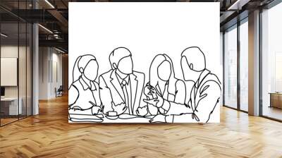 Business People Team Sit At Desk Together Communication Discussion Or Brainstorming Meeting Doodle Vector Illustration Wall mural