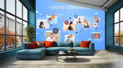 businesspeople in web browser windows discussing during corporate online international conference mix race working by group video call world map background horizontal portrait vector illustration Wall mural