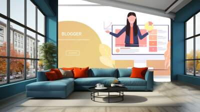 businesswoman blogger making presentation live streaming social network blogging concept woman presenting financial graph and diagram portrait monitor screen horizontal copy space vector illustration Wall mural