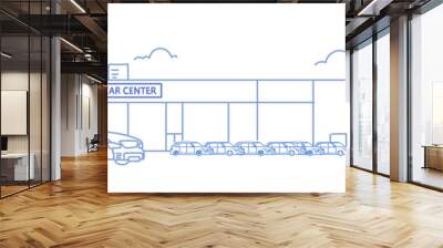 cars dealership center showroom building exterior with new modern vehicles cityscape background sketch flow style horizontal banner Wall mural