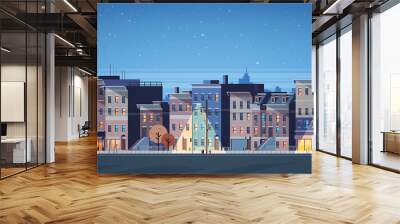 city building houses night view skyline background real estate cute town concept horizontal banner flat vector illustration Wall mural