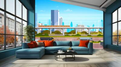 Cityscape Background Modern City Panorama With Highway Road And Subway Over Skyscrapers Flat Vector Illustration Wall mural