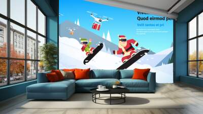 couple santa claus with elf doing jump on snowboard happy new year merry christmas celebration concept flat snow mountains slopes horizontal copy space vector illustration Wall mural