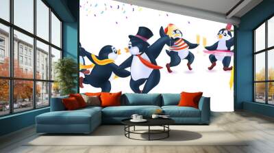 cute penguins celebrating new year christmas holidays antarctic birds having fun full length Wall mural