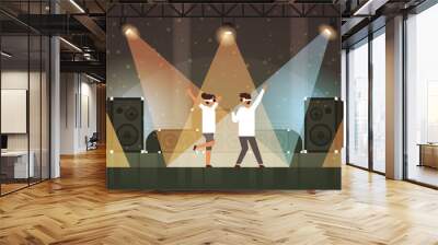 dancers couple wearing virtual reality glasses dancing on stage with light effects disco studio musical equipment multimedia speaker background flat horizontal Wall mural