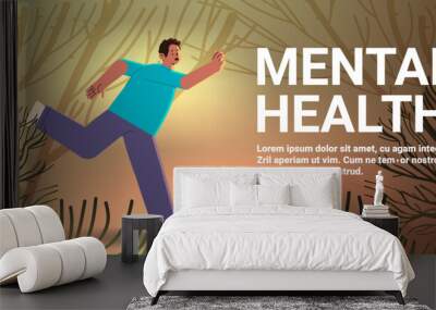 depressed man running away from himself sad guy suffering from psychological diseases anxiety mental health awareness month concept Wall mural