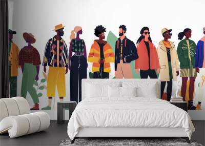 Diverse group of stylish people wearing trendy clothing standing together with plant elements in the background Wall mural