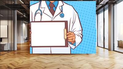 Doctor Hold Empty Medical Clipboard Male Prectitioner In White Coat Closeup Over Comic Dotted Background Vector Illustration Wall mural