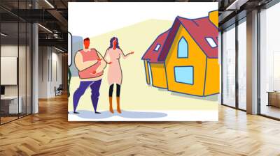 family called repairman house renovation concept new home building exterior male female cartoon characters full length colorful sketch flow style horizontal Wall mural