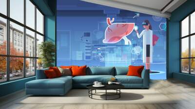 female doctor wearing digital glasses looking virtual reality liver human organ anatomy healthcare medical vr headset vision concept operation room interior full length horizontal Wall mural