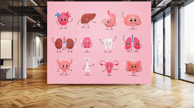 funny anatomical mascot kidneys muscle tooth lungs heart liver stomach brain bone digestive system characters cute human body internal organs anatomy healthcare medical concept horizontal Wall mural