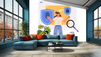 girl programmer using computer app to develop new security system personal safety application with two factor authentication online privacy Wall mural