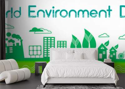 Green City Silhouette Wind Turbine Solar Energy Panel World Environment Day Banner Wall mural