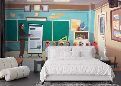 Group Of Arab Pupils With Teacher In Classroom On Lesson Education Concept Flat Vector Illustration Wall mural