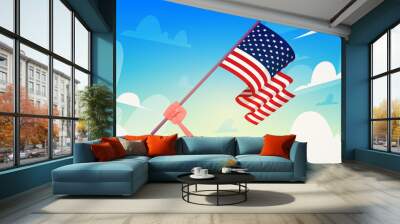 Hand Holding USA Flag Over Blue Sky National Patriot Day United States Holiday Banner Flat Vector Illustration Wall mural