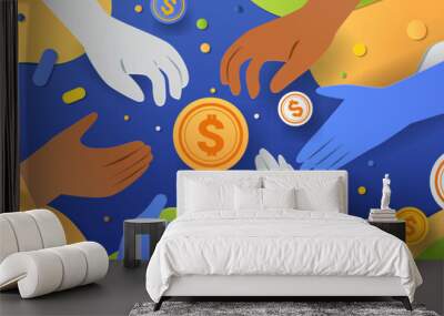 Hands reaching for coins teamwork collaboration colorful abstract background paper cut style Wall mural