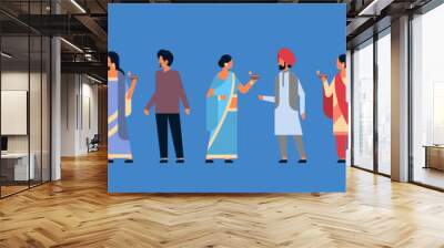 happy diwali indian people group wearing national traditional clothes holding oil lamp hindu man woman celebration concept cartoon character horizontal flat full length copy space vector illustration. Wall mural