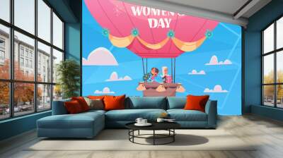 happy girls flying in hot air balloon womens day 8 march holiday celebration concept banner flyer or greeting card horizontal vector illustration Wall mural