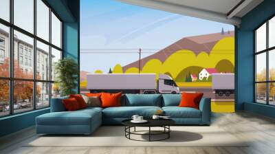 Horizontal Banner With LIne Of Cargo Truck Trailers Driving Road Over Mountains Landscape Vector Illustration Wall mural