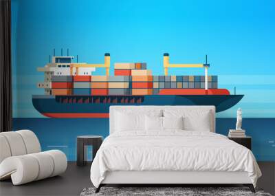 Industrial sea cargo logistics container import export freight ship water delivery transportation concept international shipping flat horizontal vector illustration Wall mural