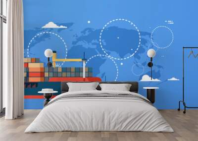 Industrial sea cargo logistics container import export freight ship water delivery transportation concept international shipping world map background flat horizontal banner copy space vector Wall mural