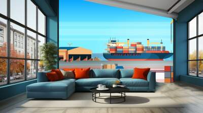 Industrial sea port cargo logistics container import export freight ship crane water delivery transportation concept shipping dock flat horizontal vector illustration Wall mural