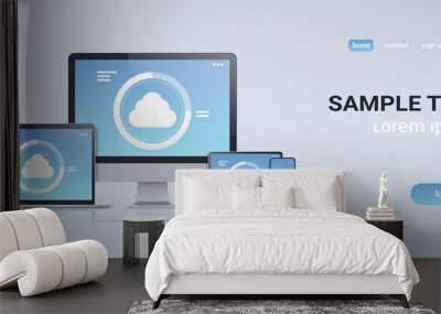 internet connection mobile and computer application cloud synchronization tablet smartphone pc screen digital network technology concept gray background copy space Wall mural