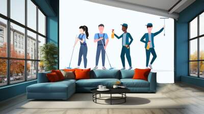 janitors team cleaning service concept woman with mix race men cleaners in uniform working together with professional equipment flat full length horizontal Wall mural