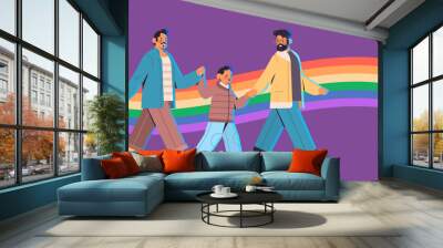 male parents walking with little son gay family transgender love LGBT community concept Wall mural