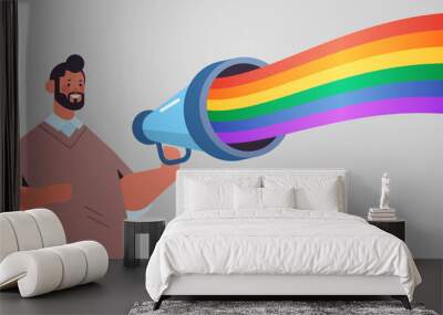 man announcing in loudspeaker with lgbt rainbow flag gay lesbian love parade pride festival transgender love concept Wall mural