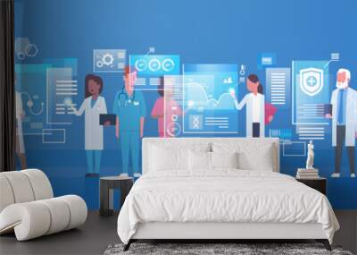 Medicine And Technology Concept Medical Doctors Group Using Modern Digital Computer Flat Vector Illustration Wall mural