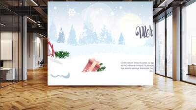 Merry Christmas Calligraphy Text Over Winter Forest Background Horizontal Holiday Banner With Copy Space Vector Illustration Wall mural