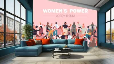 mix race girls of different nationalities and cultures standing together female empowerment movement women's power union of feminists concept horizontal portrait vector illustration Wall mural