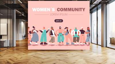 mix race girls standing together female empowerment movement women's community union of feminists concept horizontal full length vector illustration Wall mural