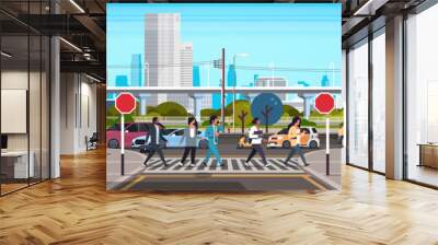 mix race people going crosswalk modern city street skyscraper downtown road urban cityscape background sunny day horizontal flat Wall mural