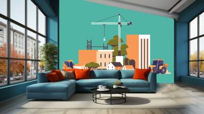 modern construction site with cranes tractor and bulldozer unfinished building exterior flat horizontal Wall mural